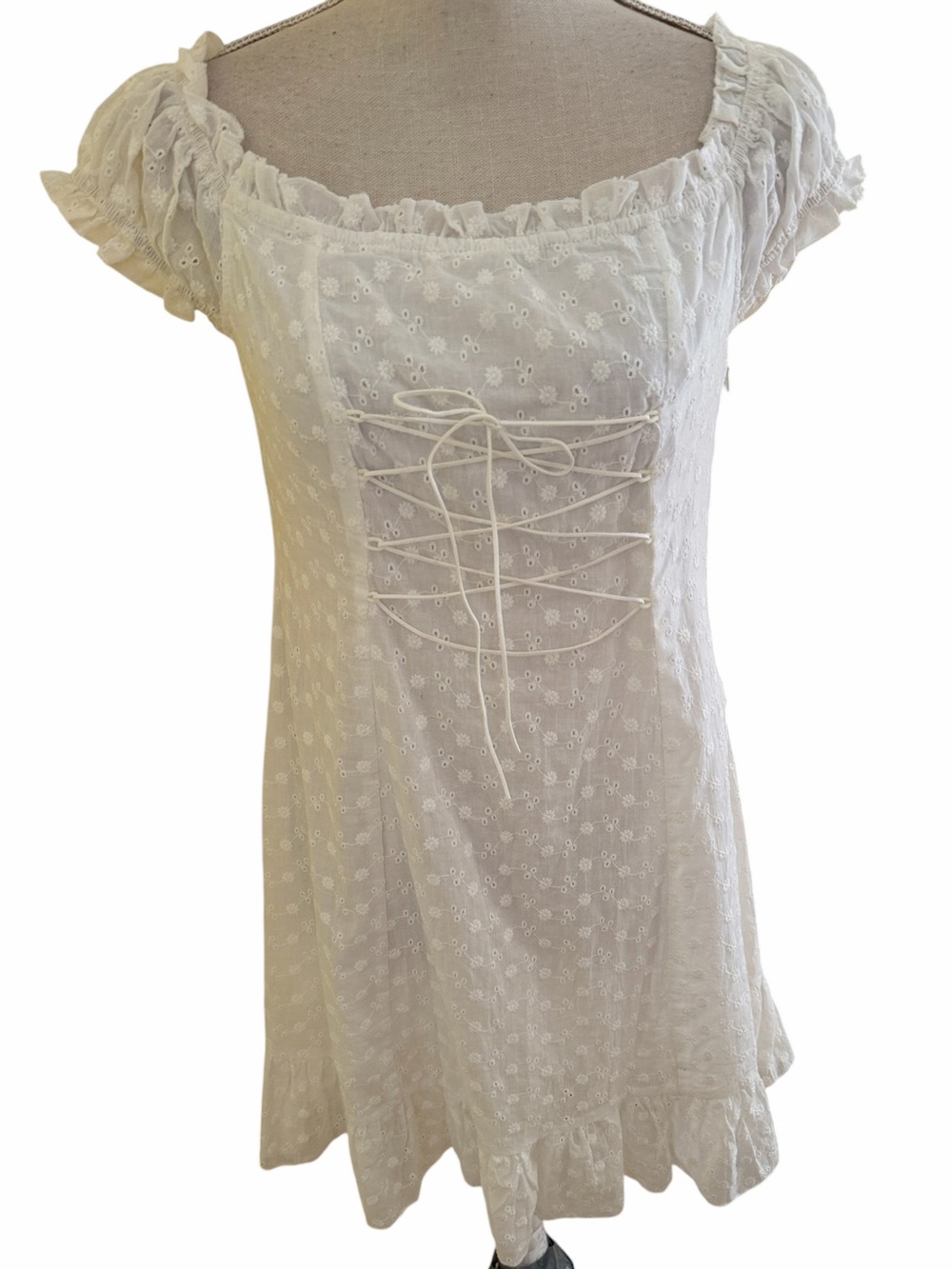Love + Harmony White Cotton Eyelet Lace-Up Mini Dress S
